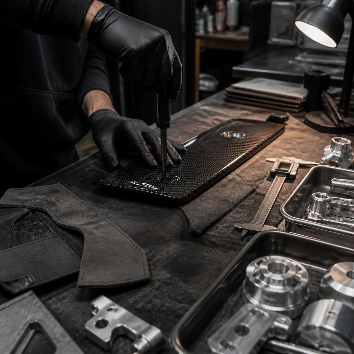 Craftsman hand-stitching leather in the Veloce atelier